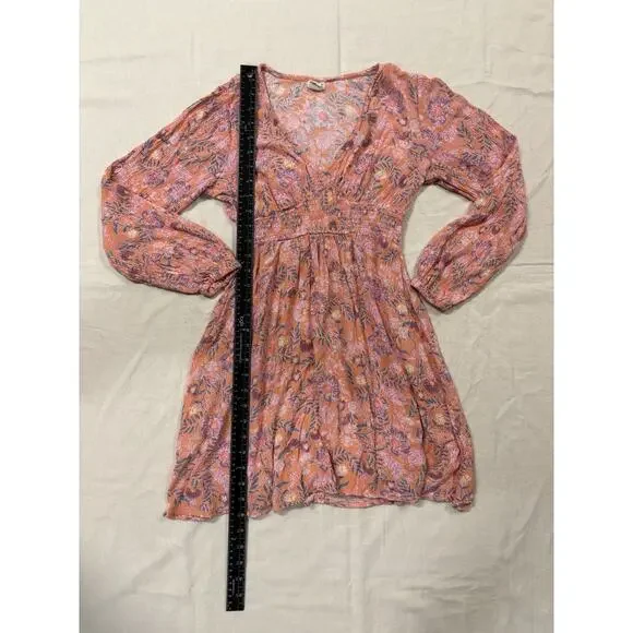 Billabong Dress Long Sleeve V-Neck Womens Size Small Peach Floral Mini Beach - Picture 3 of 6